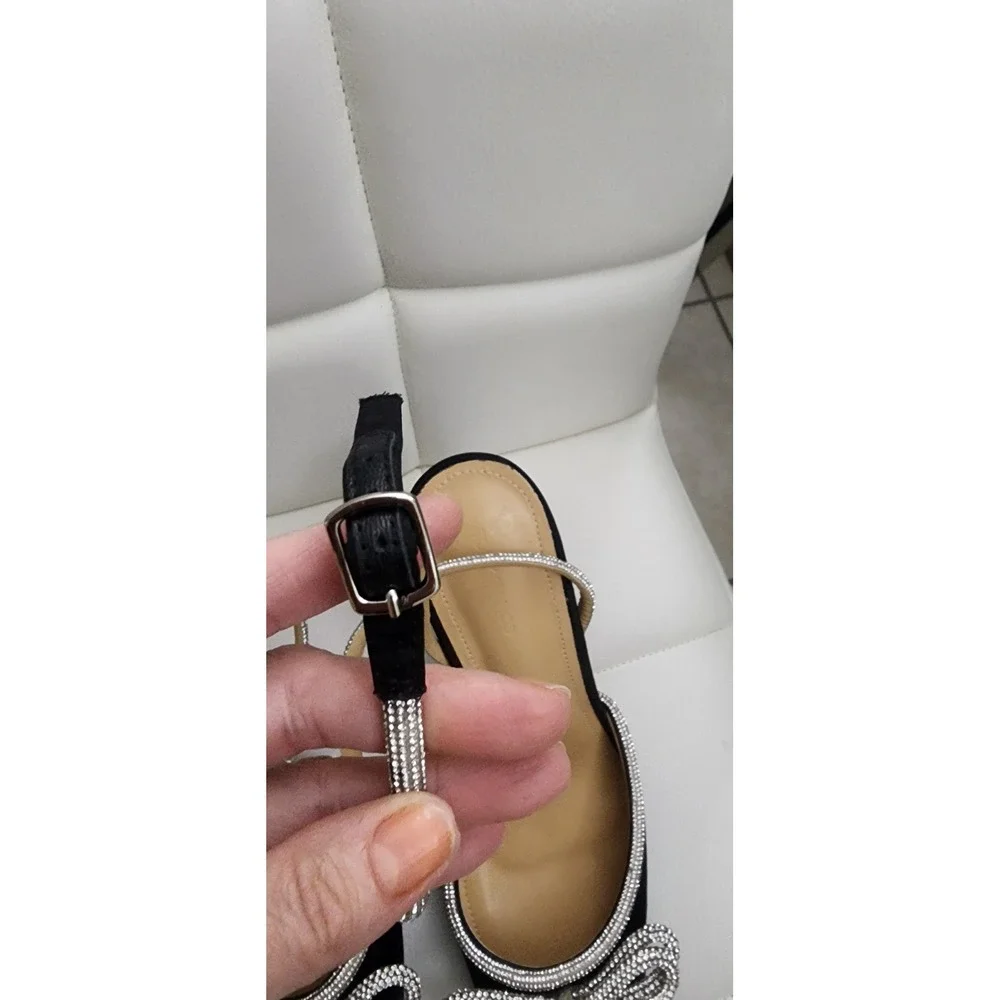 Tony‎ Bianco Black Satin Rhinestone Bow Pointed Toe Block Heel Pumps Womens